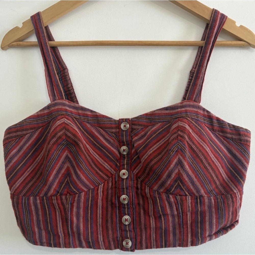 American Eagle Red Striped Corset LG Crop Festival Top Button Up Boho Smocked